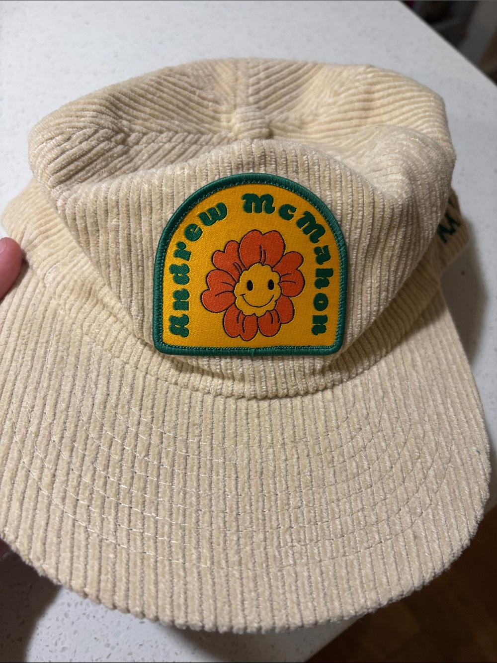 Weld MFG x Andrew McMahon Smiley Flower Corduroy Cap - Cream